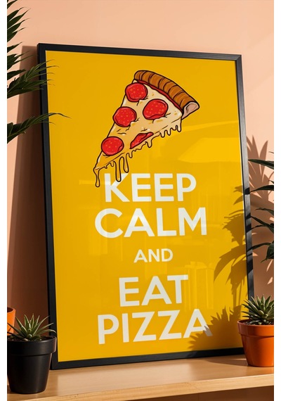 Retro Keep Calm And Eat Pizza Çerçeveli Tablo - Modern Mutfak Ve Yemek Odası Duvar Dekoru Siyah
