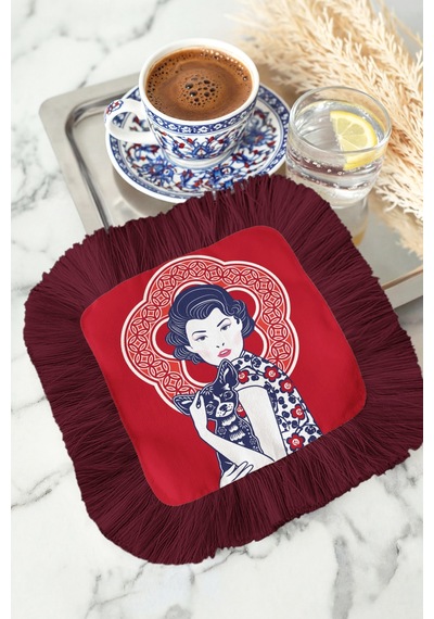 Vintage Kadın Portreli Saçaklı Sunum Peçetesi - Modern Retro Bordo Kırmızı Kahve Yanı Sunum Mendili Gün Batımı Kireçtaşı
