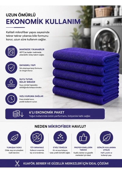 6Lı Paket Boya Tutmayan Mikrofiber El Yüz Spor Kuaför Havlusu 50X (535744741)