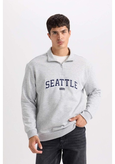 DeFacto Relax Fit Fermuarlı Dik Yaka Baskılı Kalın Sweatshirt D2168AX24AUGR389 Gri