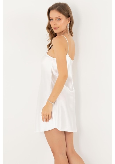 İnce Askılı Güpürlü Mini Saten Gecelik-337,ekru L/xl Açık Bej - Beyaz