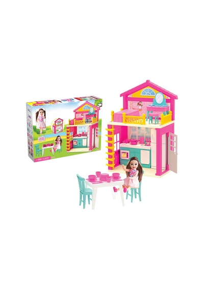 2 Katlı Eşyalı Oyuncak Ev Ve Bebek Seti - Tam Donanımlı Pembe Evcilik Oyun Seti