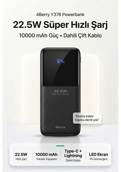 4berry Y376 10000mah 22.5w Süper Hızlı Şarj Type-c Ve Lightning Kablolu Powerbank Siyah