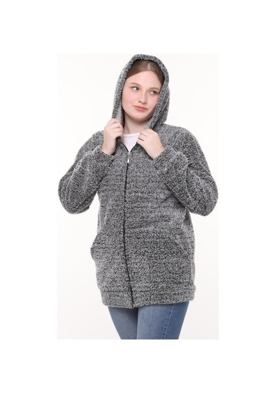 Unika Boutique Kapüşonlu Welsoft Peluş Gri Hırka - Cepli Kapüşonlu Fermuarlı Kışlık Peluş Gri Hırka Ceket