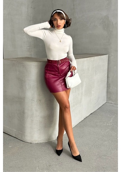 Verymoda Deri Kemerli Etek - F1840 Bordo