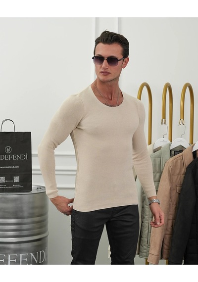 Modefendi Slim Fit Pamuk Triko Açık Sıfır Yaka Kazak Krem