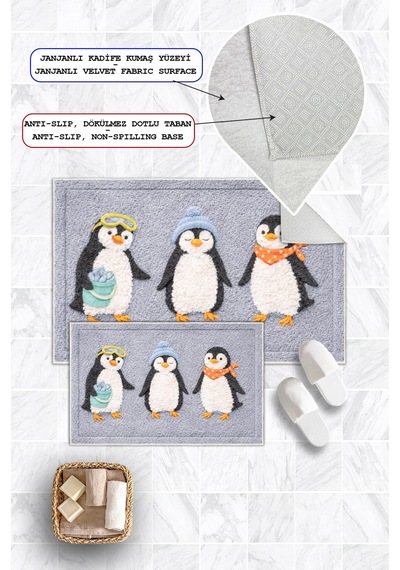 Penguen Desenli Dijital Baskılı Yıkanabilir 2li Banyo Paspası 50x60-60x100 Gri