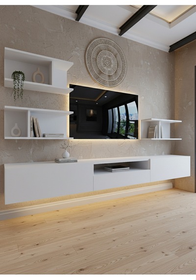 Resital Ledli Duvara Monte Tv Sehpası - Beyaz - W6014-1 Beyaz