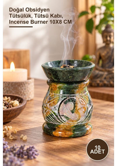10 Adet Obsidian Taşı Buhurdanlık Doğal Obsidyen Tütsülük, Tütsü Kabı, Incense Burner 10x8 Cm