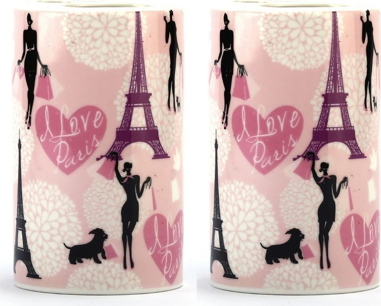 2 Adet Kalemlik Kızlı Paris Desenli Seramik Ofis Gereci 7x7x11cm Çok Renkli