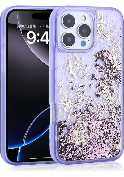 Apple Uyumlu iPhone 14 Pro Max Kılıf Sıvılı Simli Kelebek Baskılı Şeffaf Arka Yüzey Tchs Glis Silikon Kapak - Mor Mor