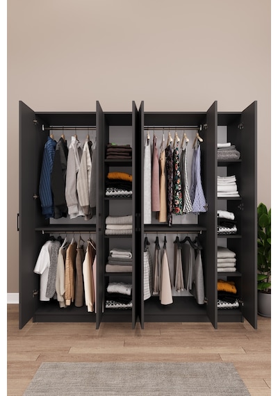 Asra Trend 6 Kapaklı Gardırop G-06 %100 MDF Çift Katlı Askılı Elbise Dolabı Koyu Gri