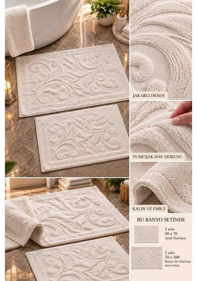 Bambu Jakar Desenli 2'li Banyo Seti Yumuşacık Tuşe Premium Dokuma %100 Bambu Ekru - 945189930 Ekru