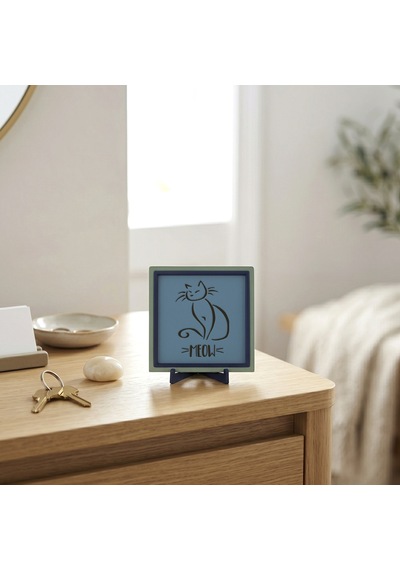 Meow Yazılı Kedi Modern Dekoratif Hatıra, Sevdikleriniz İçin Hediyelik Sempatik Armağan 10x10 Cm