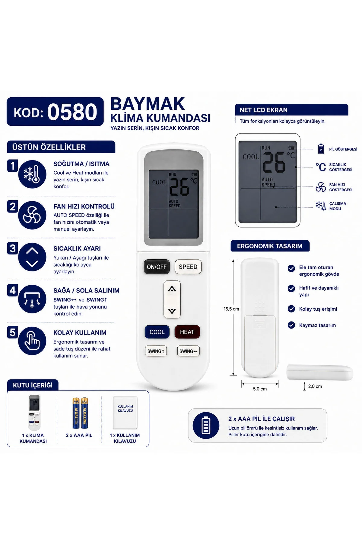 Baymak 0580 Klima Kumandası Lcd Ekranlı Isıtma Soğutma Fan Hız Ayarlı Swing Fonksiyonlu Yedek Kumanda