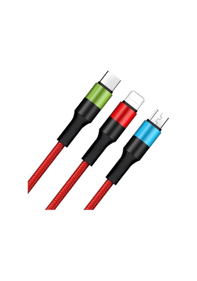 3 İn 1 Hızlı Şarj Kablosu, Örgülü 1.2m Kırmızı, Lightning, Type-c, Micro Usb, 3a Güçlü Dayanıklı Kablo, İos Ve Android Uyumlu
