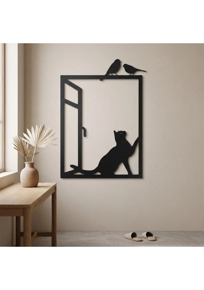 Camdaki Kedi Metal Tablo Siyah