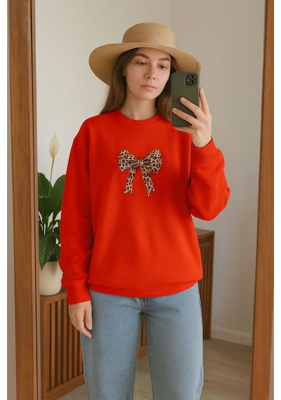 Benroma 3 İplik Penye Kurdela Baskılı Unisex Sweatshırt Turuncu