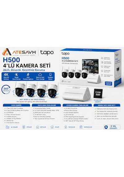 Tp-link Tapo H500 Akıllı Homebase 4 Lü Wi-fi 2k 512gb Ssd Hareket Algılamalı Gece Görüşlü Kamera Seti