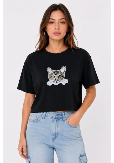 Defymoda Kedi Baskılı Oversize Crop Tişört Salaş Basic Yarım Kol T-shirt - Siyah Mavi Defymoda Kedi Baskılı Oversize Crop Tişört Salaş Basic Yarım Kol T-shirt - Siyah Mavi
