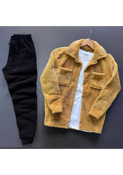 Fifty Color Unisex Taba Peluş Polar Hırka Gömlek Siyah Eşofman Altı Takım Taba