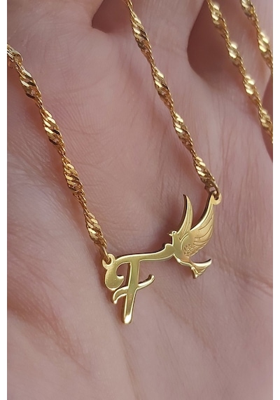925 Ayar Gümüş 24 Ayar Altın Kaplama Harfli Güvercin Kolye Gold