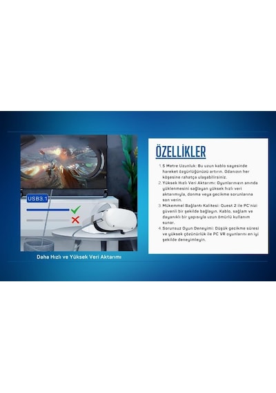 Cosmostech Meta Quest Sanal Gerçeklik Gözlüğü İçin Link Kablosu 1/2/3/pro/pico Uyumlu 3.2 Hızlı Data Kablosu 5m G