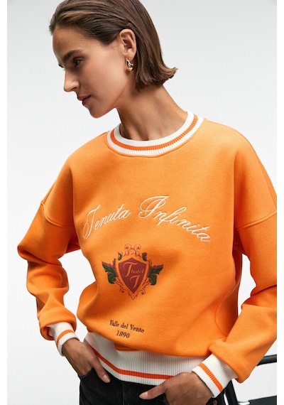 Grımelange VALLUNE Kadın Kontrast Triko Etek Ucu Manşet Ve Yakalı Nakış Crop Turuncu Sweatshirt
