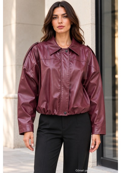 Polo State Kadın Oversize Suni Deri Fermuarlı Kısa Ceket - Bordo