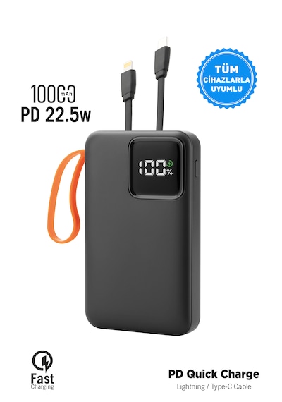 10.000 Mah Mini Kablolu Hızlı Powerbank 22w Pd Quick Fast Taşınabilir Şarj Cihazı Siyah