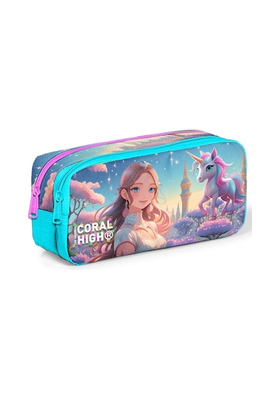 Coral High Kız Çocuk Turkuaz Prenses Ve Unicorn Baskılı Okul Kalem Çantası - İki Gözlü Çok Renkli