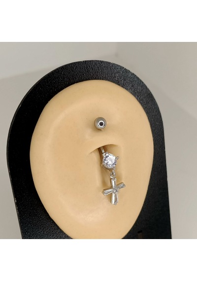 Aya Tasarım Gümüş Renkli Taşlı Haç Figürlü Göbek Piercing Gümüş