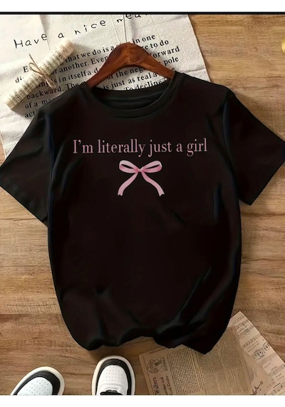 Medinenur Just Girl Yazı Detaylı Basic T-shırt Siyah