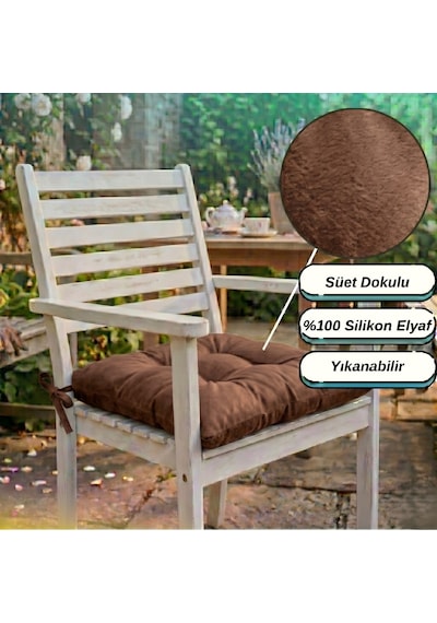 4 Adet - 40x40 Cm Lüks Süet Dokulu Kahverengi Sandalye Minderi - %100 Silikon Elyaf Dolgulu Yıkanabilir Minder
