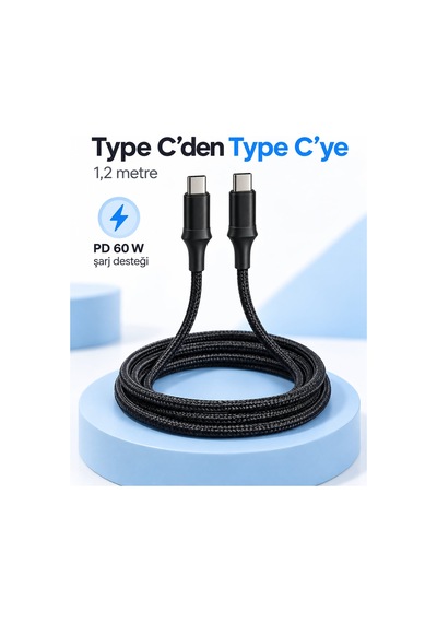 Telefon Ve Tablet İçin Type C To Type C Örgülü Şarj Kablosu Siyah