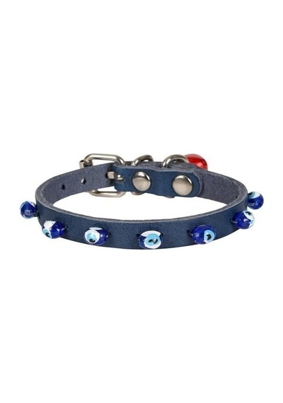 Gerçek Deriden El Yapımı Boncuklu Kedi Boyun Tasması 1x18-22 Cm, Lacivert