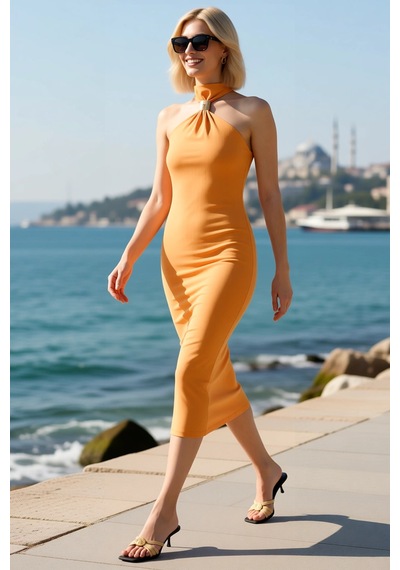 Benerly Kadın Bodycon Halter Yaka Kolsuz Midi Esnek Örme Elbise Aksesuar Turuncu