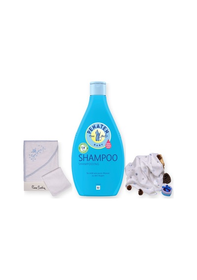 Baby Shower Hediye Seti 3 Parça: Pierre Cardin Kundak Havlu + Şampuan + Sema Baby Müslin Örtü - Mavi