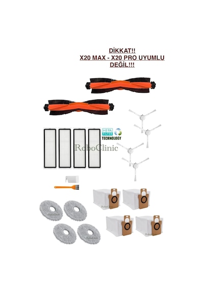 Xiaomi Robot Vacuum X10 Plus X20 Plus Uyumlu Yedek Toz Torba, Fırça, Hepa Filtre, Mop Seti-20 Parça