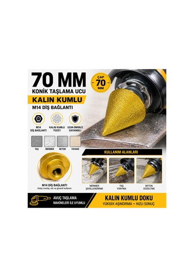 Senbang 70 Mm Konik Taşlama Ucu Kalın Kumlu M14 Bağlantılı Ahşap Oyma Taş Mermer Beton Şekillendirme Freze Ucu