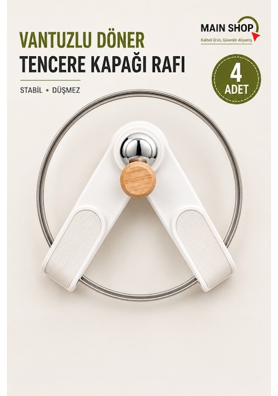 Mainshop 4 Adet Delme Gerektirmez Vantuzlu Tencere Kapağı Tutucu,tencere Kapağı Saklama Düzenleyici M-56 Beyaz
