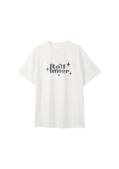 Roll Inner T-shirt - Beyaz Oversize Baskılı Bisiklet Yaka Beyaz