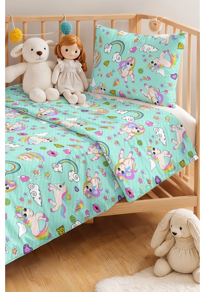 Evimde Bambaşka Mint Unicorn Gökkuşağı Kız Çocuk Pike Takımı-pastel Bulut Kalp Bebek Odası Yatak Örtüsü-160x220  CM