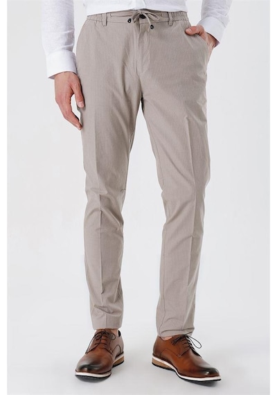 İmza Koyu Bej Çizgili Armürlü % 100 Pamuk Yan Cep Slim Fit Dar Kesim Casual Pantolon 1003230159-koyu Bej Koyu Bej