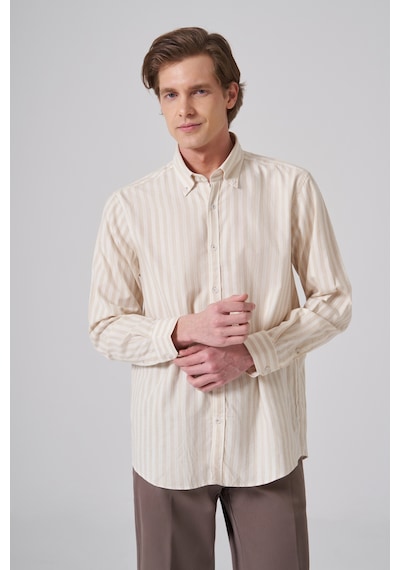 Morven Erkek Bej Pamuk Trend Çizgili Regular Fit Düğmeli Yaka Gömlek 26ms004013653 Bej
