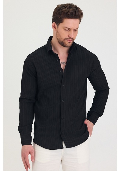 Tarz Cool Erkek Kendinden Çizgi Detaylı Slim Fit Dar Kalıp Uzun Kol Gömlek Siyah