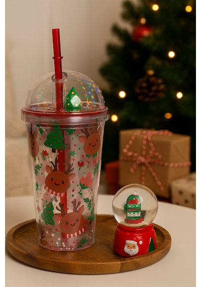 Gençlere Özel 2'li Kombin Noel Seti Geyik Desenli 450 Ml Suluk & Işıklı Eldiven Kar Küresi 6.5 Cm Çok Renkli