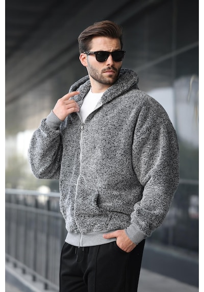 Madmext Gri Peluş Over Fit Kapüşonlu Fermuarlı Erkek Sweatshirt 6049 Gri