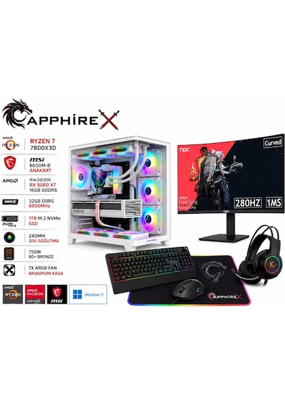 Apphirex 97X R7-7800X3D 32 GB 1 TB M2 SSD 16 GB RX9060XT 27" Free Dos Masaüstü Oyuncu Bilgisayarı