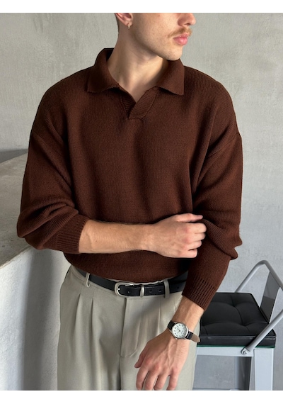 Erkek Polo Yaka Örme Oversize Kazak 001